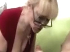 Milf in spex tugs cock for lucky guy and wants his cum