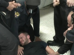 Bound in Public. Hairy perv gets taken downtown and gang fucked by the whole jail house