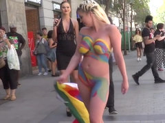 Huge tits painted blonde caned in public