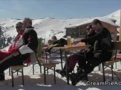Tanned brunette gets anal creampie on skiing holiday