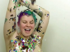 Chubby Girl Rubs Down in Oil & Confetti