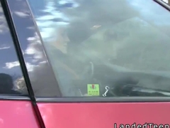 Redhead teen flashing big tits to stranger in his car