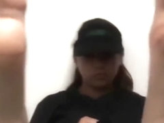 Cute Subway worker takes off sneakers and shows dirty