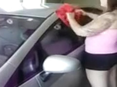 Chubby girl washing car gets tits groped