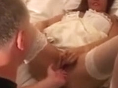 Sexy bride receives screwed by 2 darksome lads.