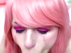 pink hair camgirl blowjob with tears