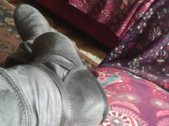 Sexy Shoeplay in Grey Calf High Flat Boots Shoe Boot Fetish Toe Tapping