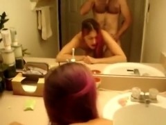 My creamy pussy gf watches herself getting doggystyle fucked in the bathroom mirror