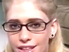 Blonde slut in glasses rubbing big hard penis with lust in