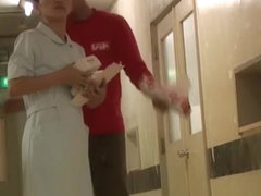Slim legged bimbo in nurse uniform resisting sharking