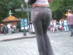Awesome hussy in black jeans has a very big athletic butt
