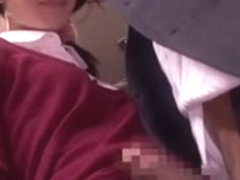 Japanese whore sucks dick in a public bus