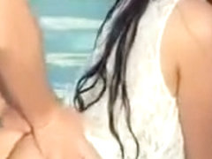 Perky tits brunette teen girl asshole fucked by the pool
