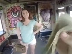 Pounding busty teen on old railcar
