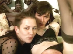 Tranny and Girl having fun blowjob cum webcam