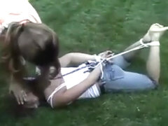 Garden girl hogtied, gagged and tickled