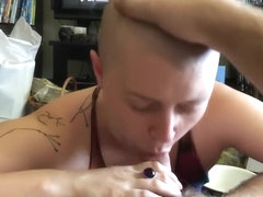 Shaved head girl sucks dick and chokes on huge cum load