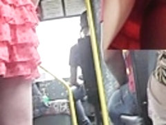 Bus upskirt movie scene with pink lace panty