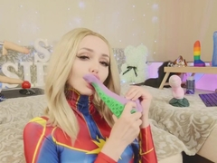 Amateur teen in suit Captain Marvel tests new toys Bad Dragon Sia Siberia