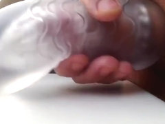 Asian cock masturbating and jerking with ice sextoy