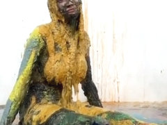 schoolgirl and her boobs in chunky slime