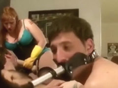 redhead amazon Wife bullies her husband and best friend into strapon sex