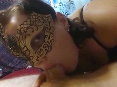 Masked Chick Is Eating His Hard Dick In Bed