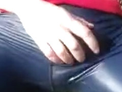 Juvenile jerking off and pissing in blue lycra in public park