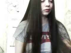Cute Long Haired Brunette Striptease, Brushing, Long Hair